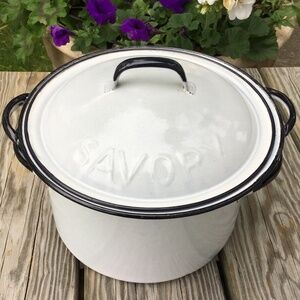 Vintage Enamel Steamer Pot Set Savory White Black Clam Lobster